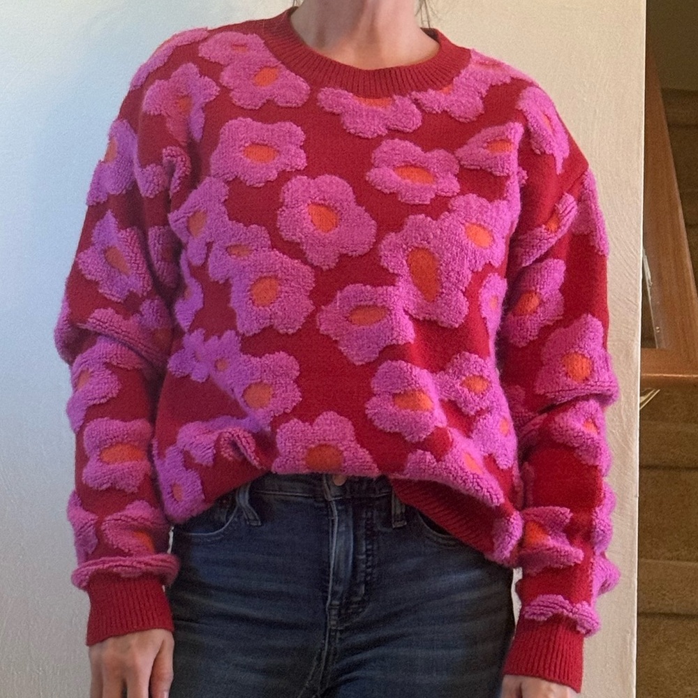 Floral Patterned Sweater - Red and Pink - Mod Boutique